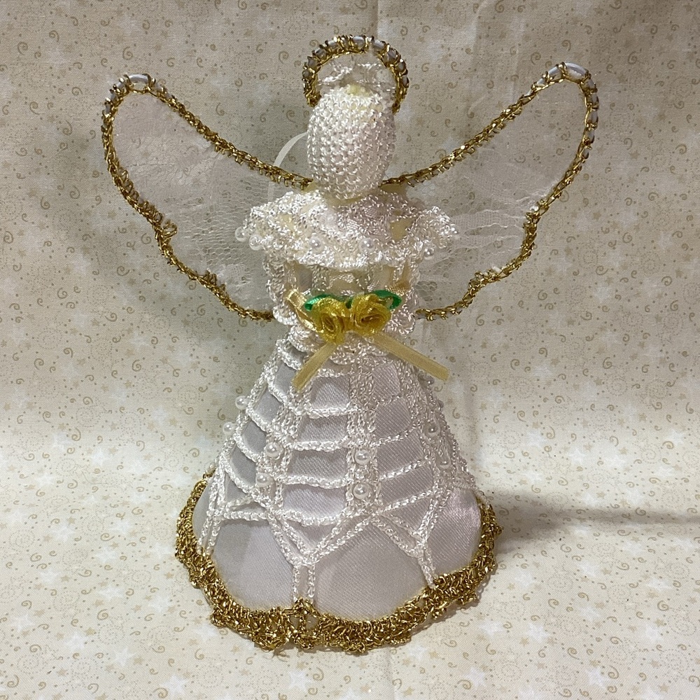 Elegant Gold & White Angel Figurine Silk Lace Ribbon Hanging